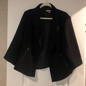 Black floral print jacket, dress coat. Zipper pockets